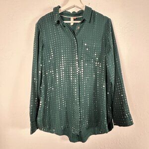 Anthropologie Pilcro Womens Sequin Button-Up Shirt Blouse Medium Green Pocket